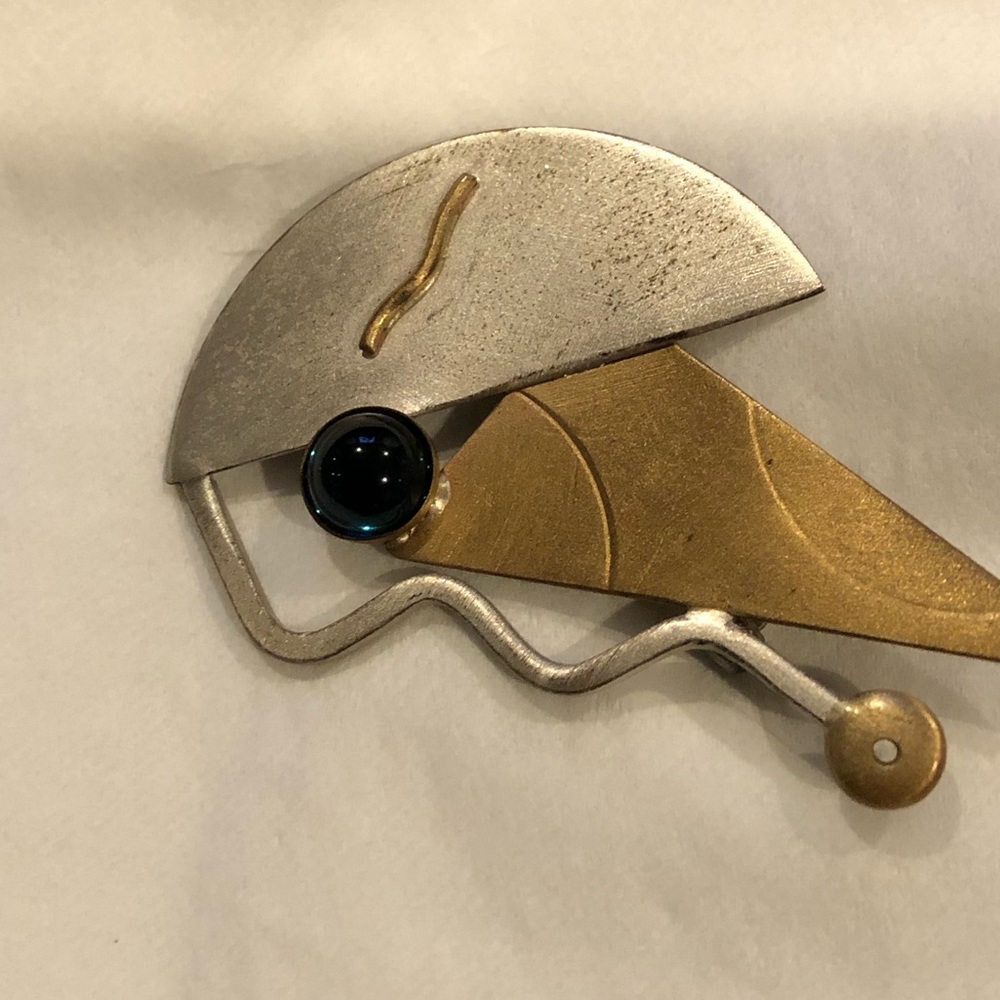 Very Unique Silver and Gold Tone Pin with Blue Stone